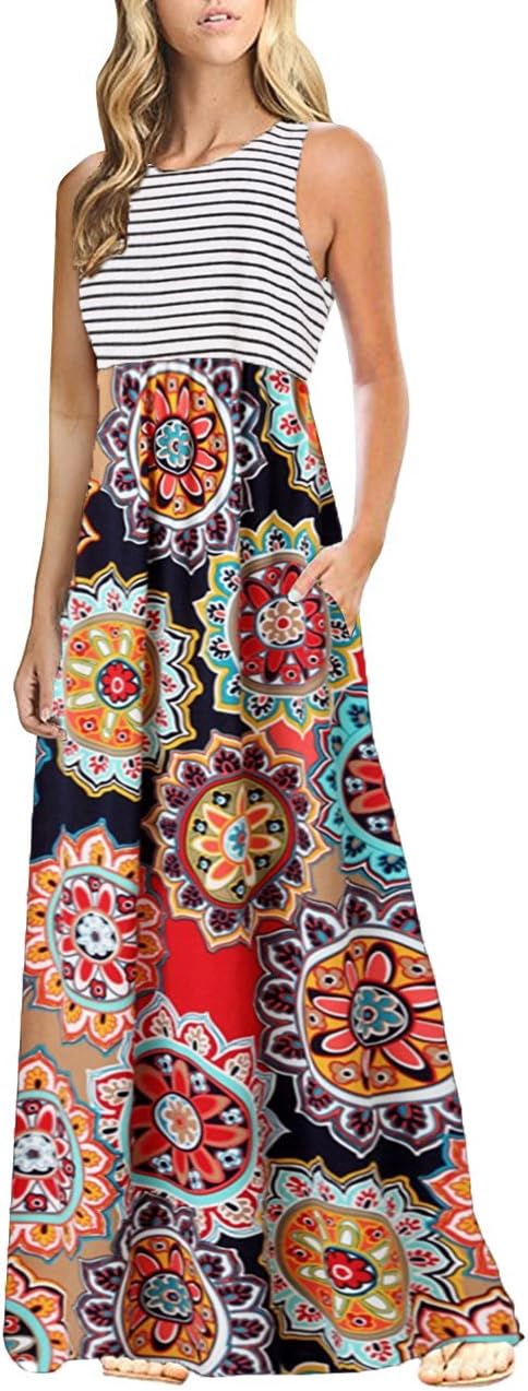 Women's Casual Sleeveless Maxi Dresses Floral Print Bohemian Striped Long Dresses with Pockets