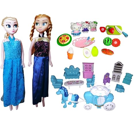 HALO NATION Frozen Dolls in Hello Kitty Kitchen - Frozen Doll House Accessories - Luxery Furnitures & Velcro Cut Fruit Set