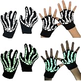 Yilistore Skeleton Gloves Glow in The Dark, 2 Pairs Full Finger and Fingerless Set Skull Bone Gloves for Halloween