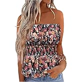 Floral Smocked Ruffled Strapless Bandeau Tank Women Summer Backless Tube Top Sleeveless Loose Holiday Shirts Blouse