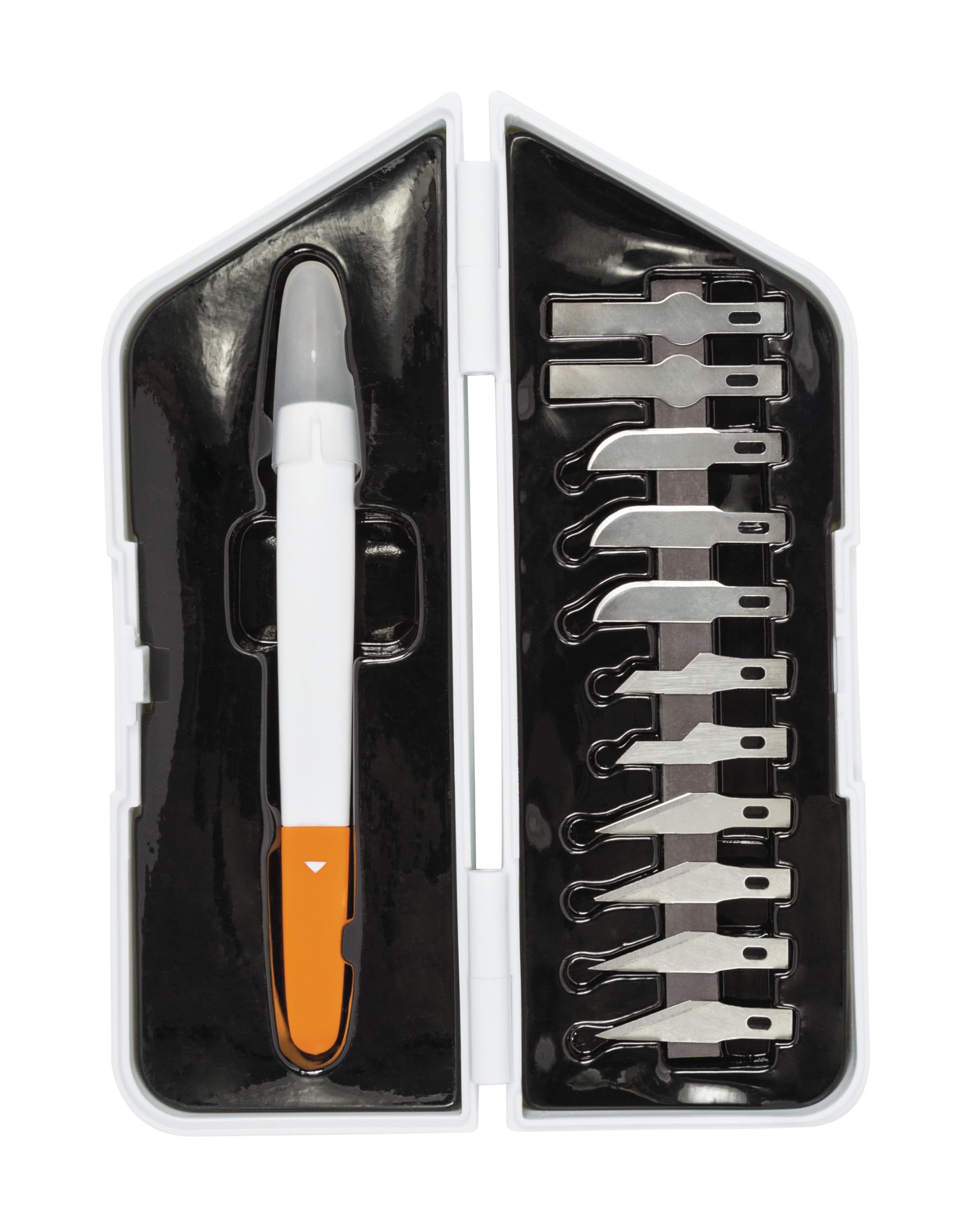 Fiskars precision craft knife/cutter, 13-piece set, total cutter length: 21 cm, incl. 12 blades, quality steel/plastic, white/orange, Premium, 1024384