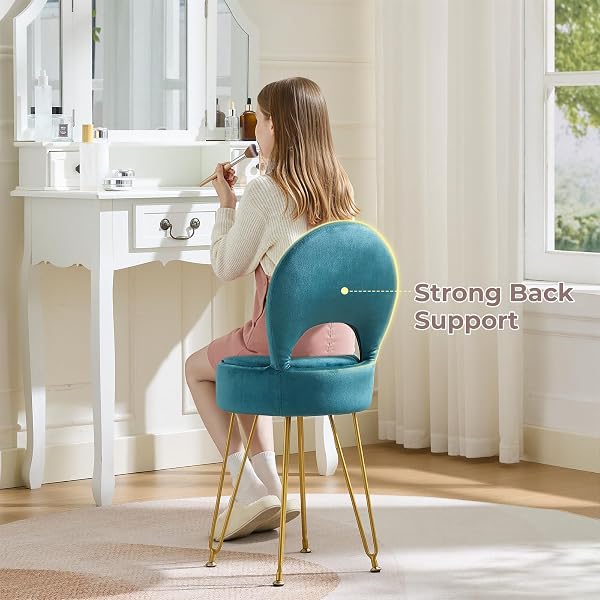 RUCUKEN VELVET GREEN SMALL VANITY CHAIR & STOOL – 13″ DX13 W FOLDING BACK STORAGE OTTOMAN, ANTI-SLIP GOLDEN V-LEG FOR BEDROOM MAKEUP ROOM