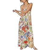 Amiblvowa Women Floral Maxi Dress Sexy Sleeveless Backless A-Line Long Flowy Dress Back Cut Out Spaghetti Strap Sundress