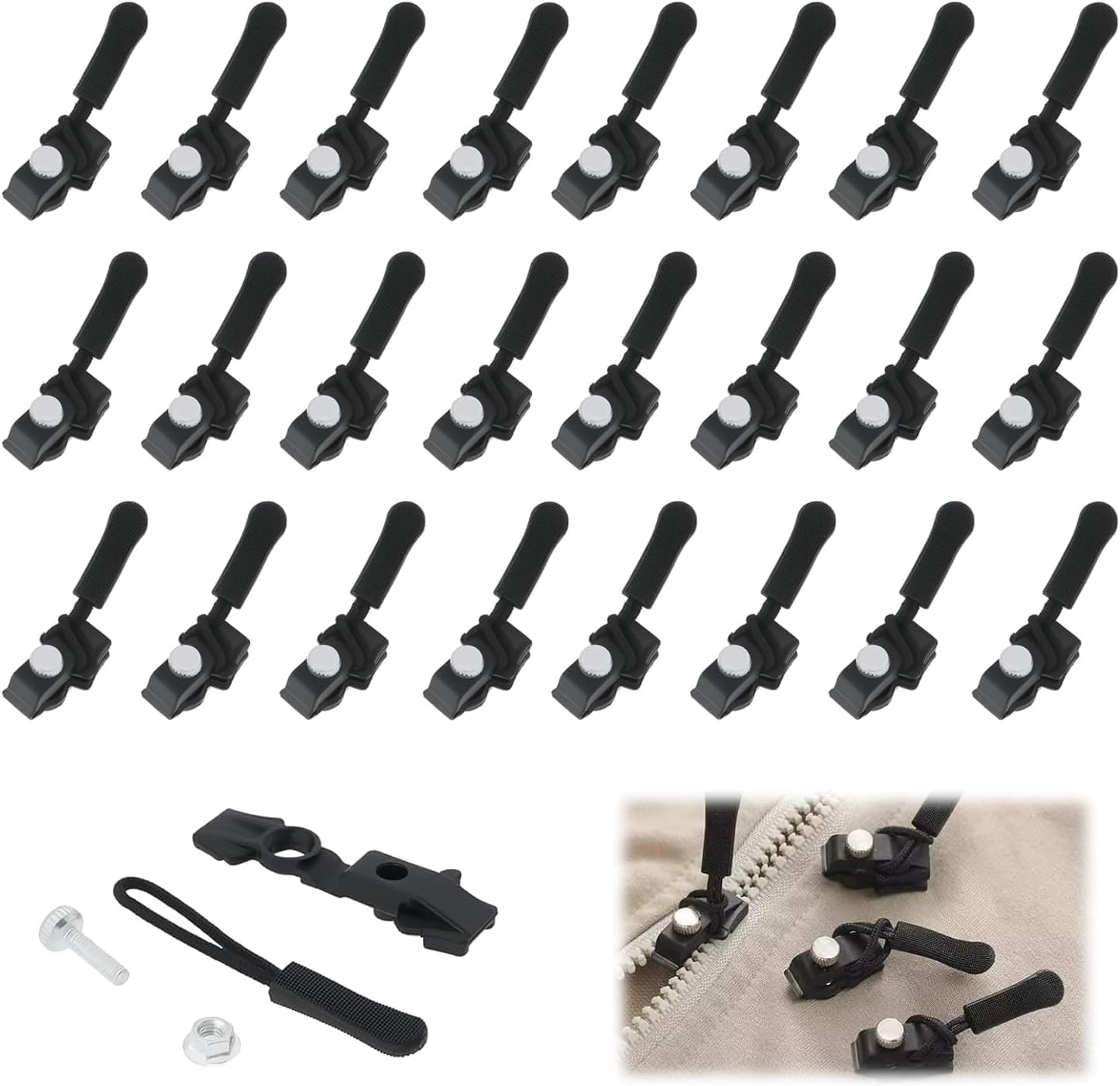 Photo 1 of 30Pcs Universal Zipper Repair Kit - 3 Different Size Replacement Zipper for #3#5#8 Nylon Plastic Metal Zippers, Quick Install Detachable Zip Heads for Jackets, Luggage, Bags, No Sewing Required