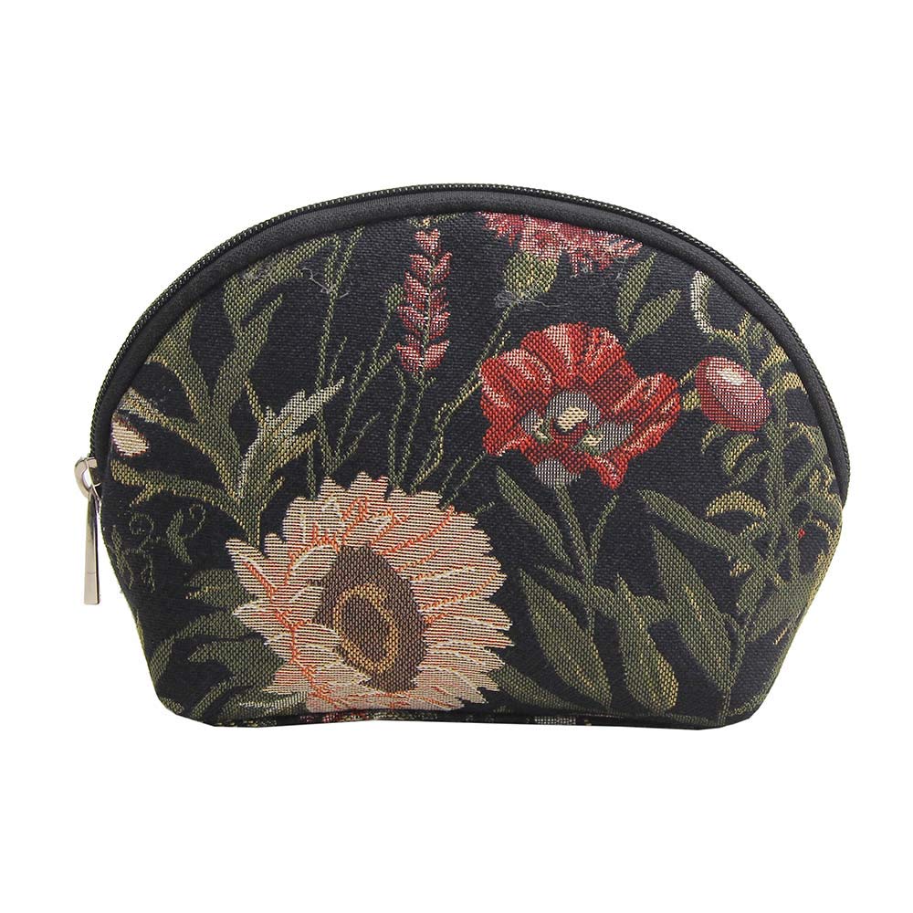 Signare Tapestry Cosmetic Bag Makeup Bag for Women with Garden Flowers and Creatures (Morning Garden Black, COSM-MGDBK)