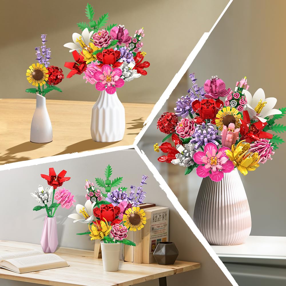 HOGOKIDS Blumen Bauset für Mädchen ab 8+ Jahren - 18 Blume Blumenstrauß Bausteine, 1464 Teilige Kunstblumen Pflanzen Bausatz, Botanik Kollektion Haushalt Deko, Kreatives Geschenk für Kinder Erwachsene 4