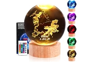 DCG Center, Zodiac Signs Crystal Ball Night Light, 3D Crystal Ball Night Light, Crystal Night Lamp for Kids, Decorations Gifts for Men, Women, Boys, Girls, Teens, Horoscope Lamp (Pisces)