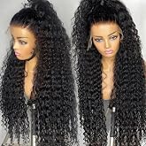 HILYN Black Curly Glueless Lace Front Wig 13x4 Long Deep Wave Lace Wigs With Baby Hair Pre Plucked 250 Density Jet Black Synthetic HD Lace frontal Loose Wave Wigs For Women Water Wave Wig 26 inches