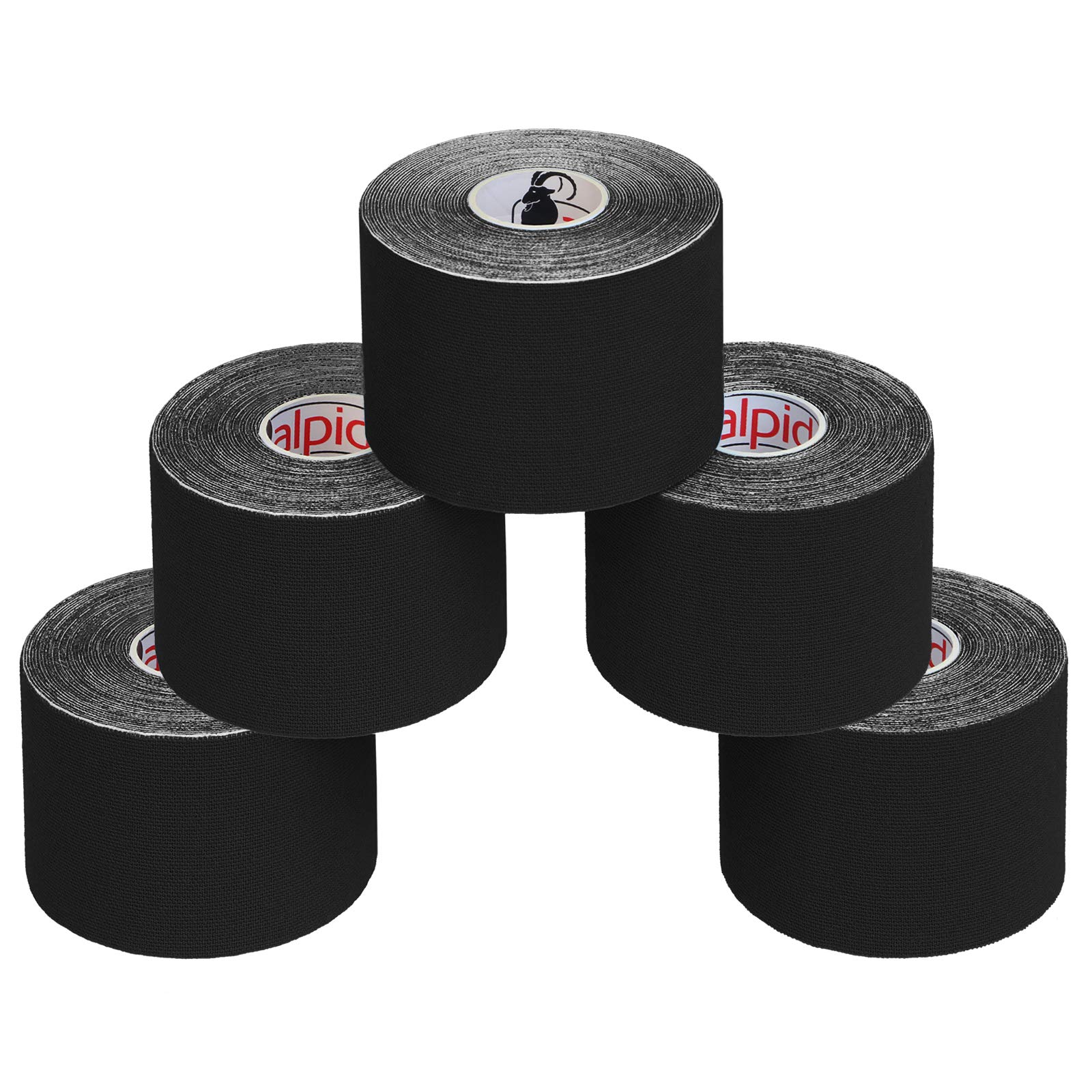 ALPIDEX 5 Rolls Kinesiology Tape Many Colors 5 m x 5 cm Application Examples E- Book Skin Friendly Muscle Support Elastic Strapping Tape, Colour:black