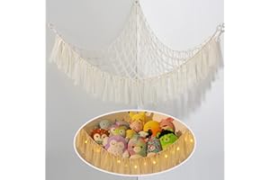 VISATOR Stuffed Animal Storage Macrame Boho Plush Toy Net Hammock for Stuffed Animals with Light Pet Net for Stuffed Animals Corner Hanging Stuffed Animal Holder Teddy Bear Net for Kids Room (White)