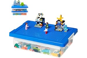 MACOPRO Toys Storage Organizer Box for Lego, Toy Box with Building Plate Lid and Removable Tray, Building Block Storage, Stackable Plastic Organizer Bins (Blue-1Pack)