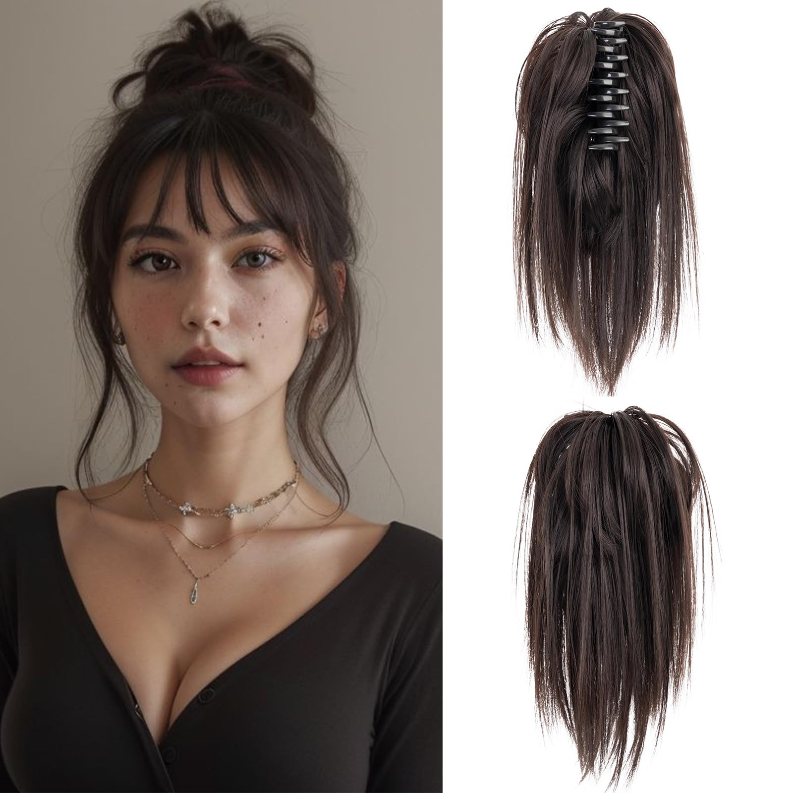 Benehair Claw Clip Ponytail Hairpiece with Straight Hair - Messy Bun Extension in Natural Black (60g)
