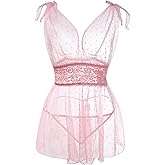 LYNVEBYA Women's 2Pcs Lace Sheer Mesh Polka Dots V Neck Babydoll Teddy Lingerie Set