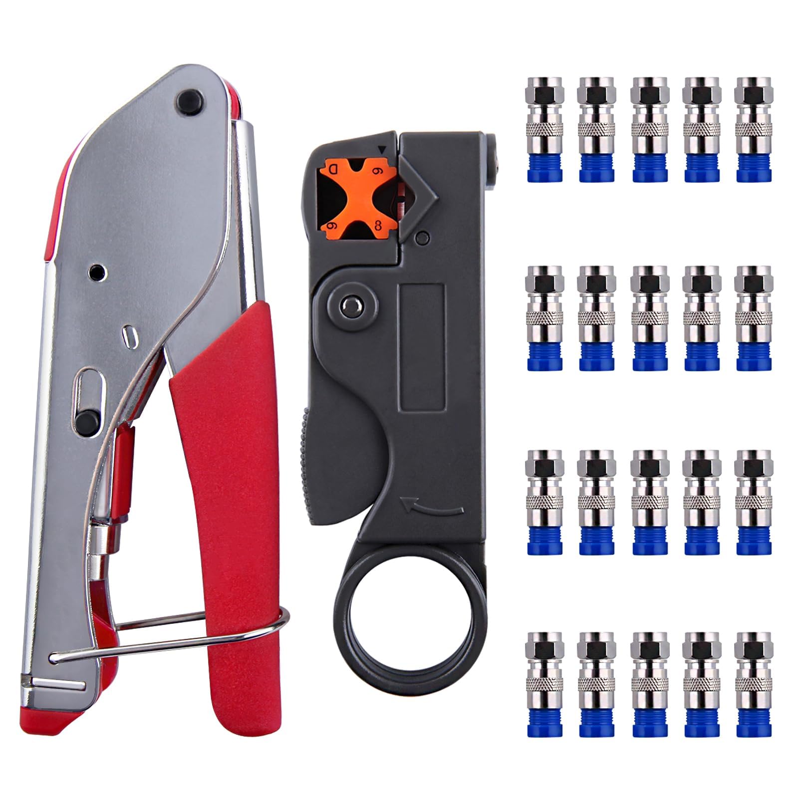 GOLD DEER Coax Crimping Tool F Type Connector Compression Tool Set Coax Cable Crimper Tool Kit for RG6 RG-59 RG-58 with 20Pcs RG6 Coaxial Cable Connectors and a Adjustable Rotary Coaxial Cable Cutter