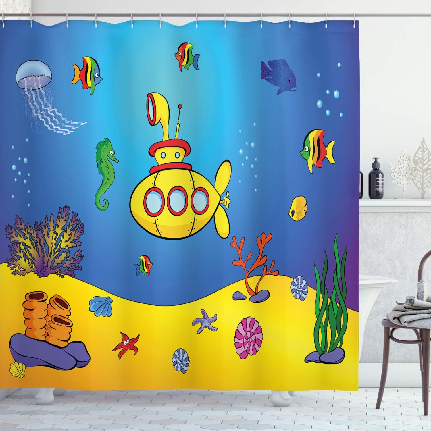 Amazon Com Ambesonne Yellow Submarine Shower Curtain Nautical Kids Colorful Fish Underwater Jellyfish Seahorse Shells Starfish Cloth Fabric Bathroom Decor Set With Hooks 70 Long Blue Yellow Home Kitchen