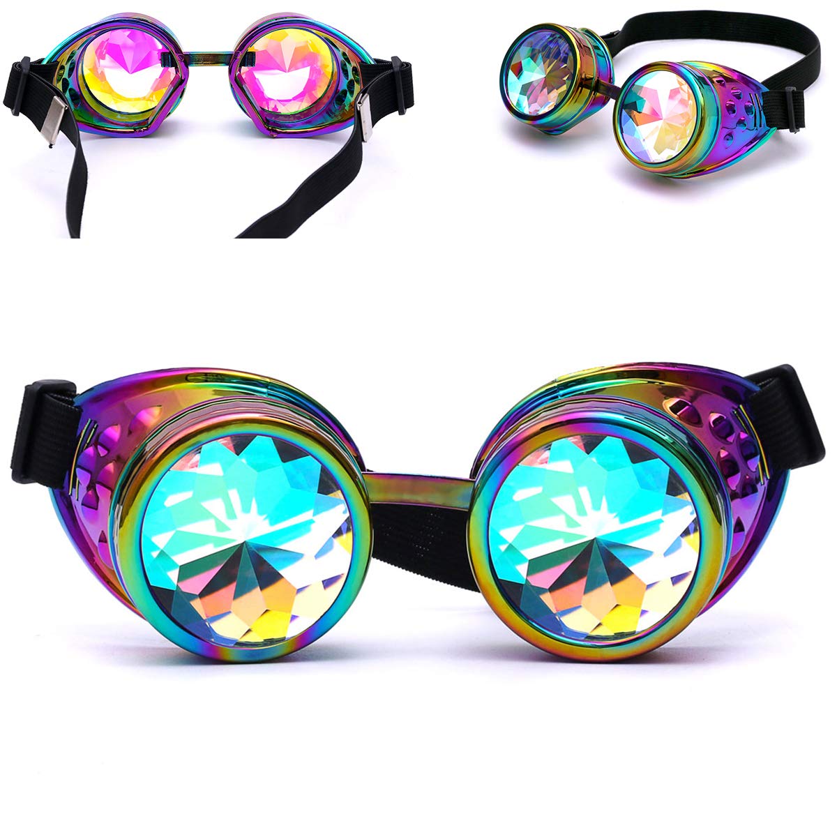 DODOING Kaleidoscope Goggles Steampunk Rave Glasses Goggles Crystal Rainbow Kaleidoscope Rave Glasses Rainbow Crystal Glass Lens