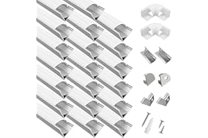 HUNHUN 20-Pack 6.6ft/ 2Meter V Shape LED Aluminum Channel System with Milky Cover, End Caps and Mounting Clips, Aluminum Profile for LED Strip Light Installations, Very Easy Installation (20, Silver)