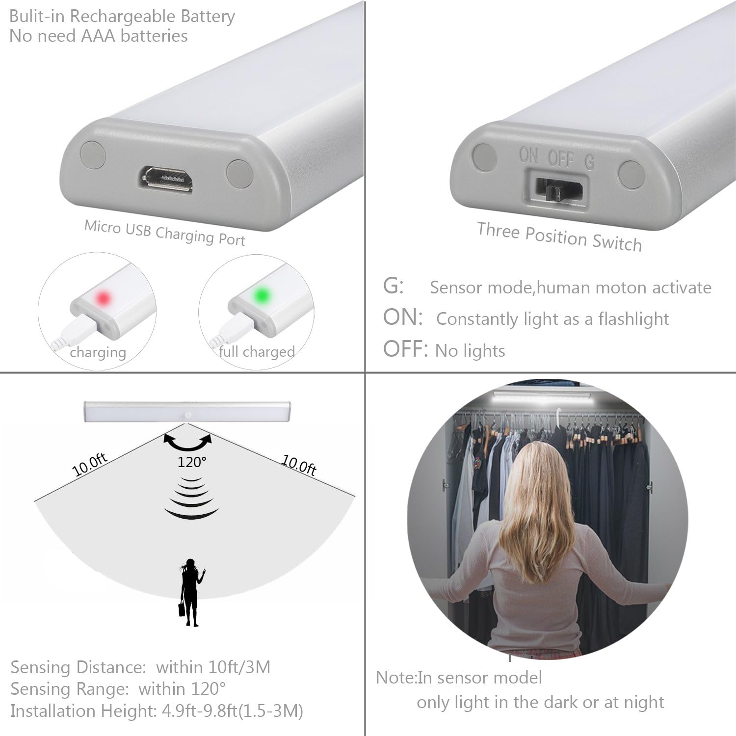 Moston 10 LED Magnetic Motion Sensor Wardrobe Closet Lights,Auto On/Off Under Cupboard Cabinet Lighting,Rechargeable Battery Powered Sensing Night Light,Stick-on Anywhere (Silver Aluminium,2 Pack) - Image 5