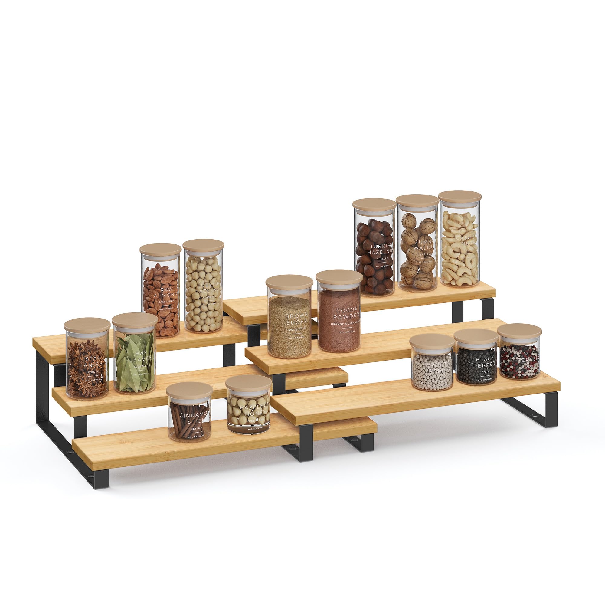 SONGMICS Spice Rack, Set of 2 Cabinet Shelf Organisers, 3-Tier Extendable Spice Holder, Engineered Wood, Stackable, for Pantry, Cupboard, Countertop, Natural Beige and Ink Black KCS016N01