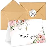 FYSUIMU 24 Pack Floral Cross Thank You Card Pink Flower Baptism Greeting Card Blank Note Card with Envelope Sticker for Baby Shower Funeral Communion Party Supplies, 4 x 6 Inch