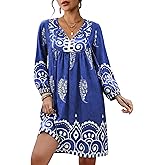 Eddoyee Women Casual Summer Dress, V Neck 3/4 Sleeve Boho Floral Print Flowy Loose Beach Vacation Dress
