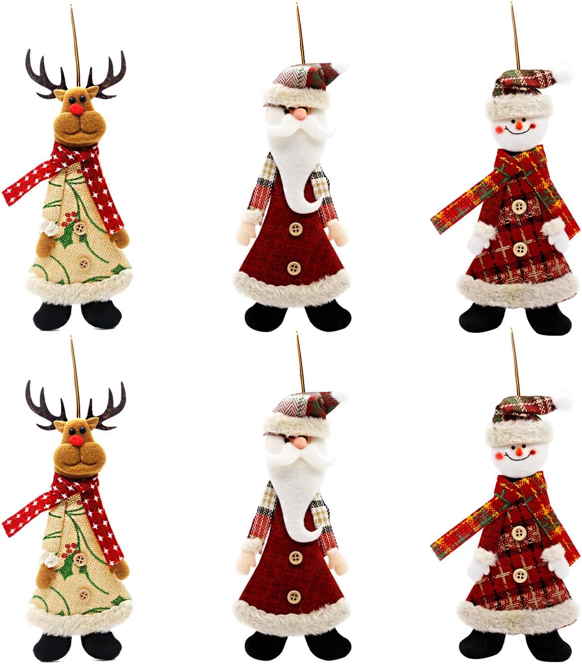 Kyatti 6ct Plush Holiday Characters Christmas Tree Ornaments Set Xmas Hanging Decorations Santa Reindeer Snowman for Holiday Party Decor