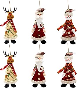 Kyatti 6ct Plush Holiday Characters Christmas Tree Ornaments Set Xmas Hanging Decorations Santa Reindeer Snowman for Holiday Party Decor