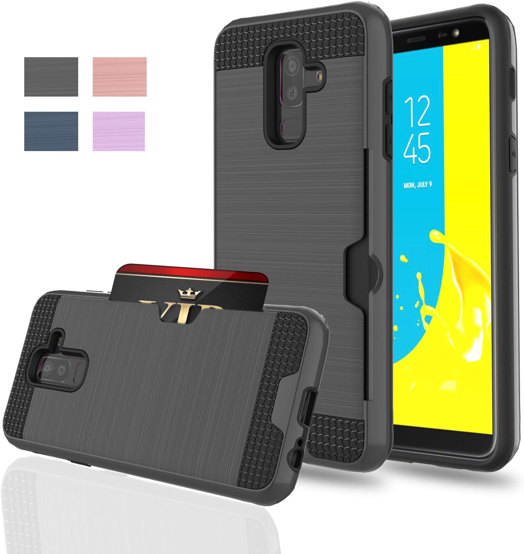 Galaxy J8 2018 Phone Case, WingLike [Credit Card Slots Holder] PC+TPU Silicone Shockproof Double Protective Cover for Galaxy J8 2018-Silver Grey