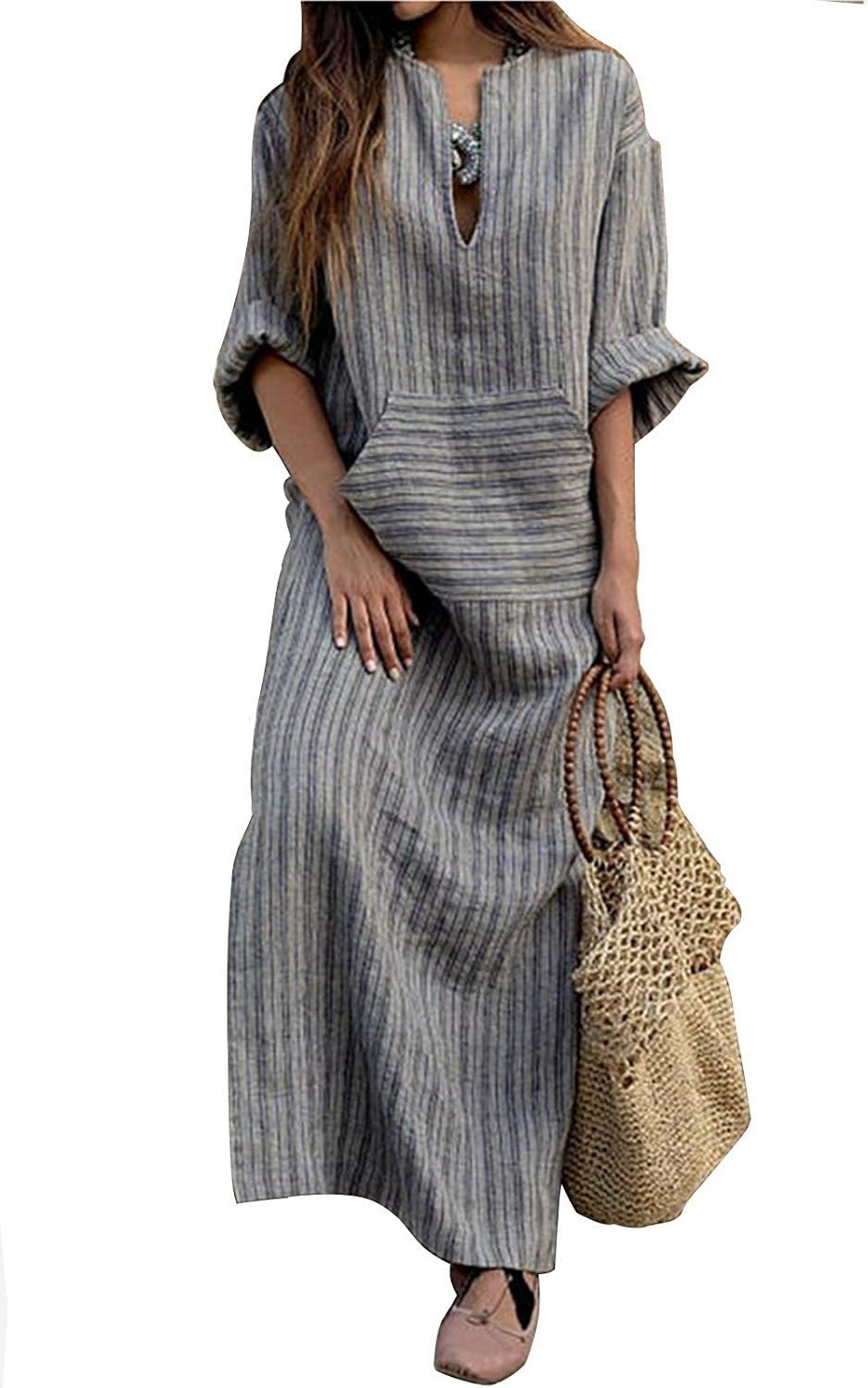 Womens Vintage Maxi Dress Casual Loose Summer Beach Party Striped Dresses Long Sleeve Cotton Linen Dress Size 6 8 10 12 14 16 18 20 (Label XL/UK 14, Gray)