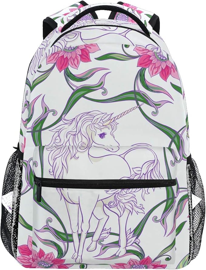 Cute Unicorn Pink Flowers Daypack Backpack School College Travel Hiking