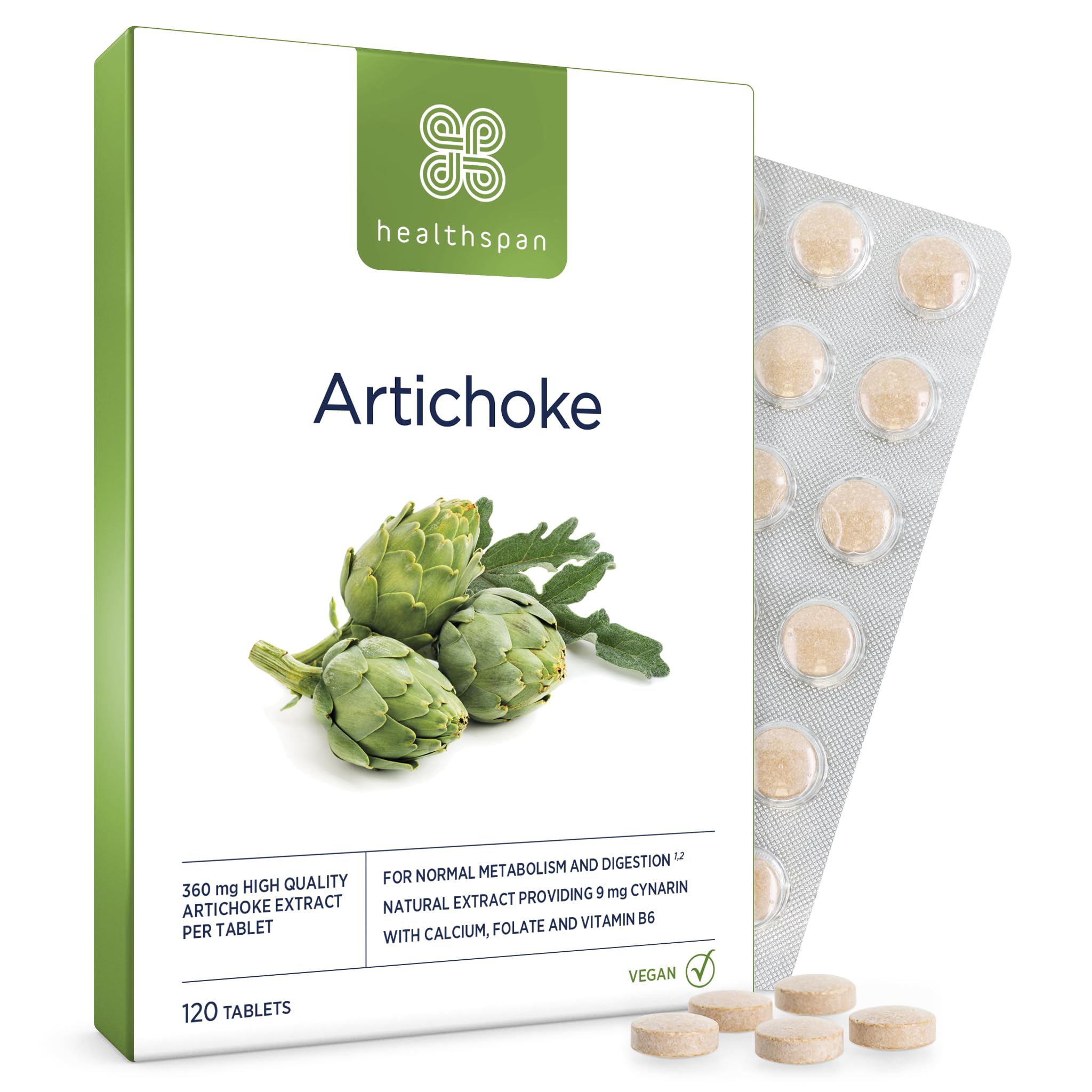 Healthspan Artichoke Extract 360mg (120 Tablets) | Supports Digestion & Liver Health | High Strength Vegan Artichoke Tablets with 7.2mg of Cynarin | with Calcium, Folate & Vitamin B6 | Vegan