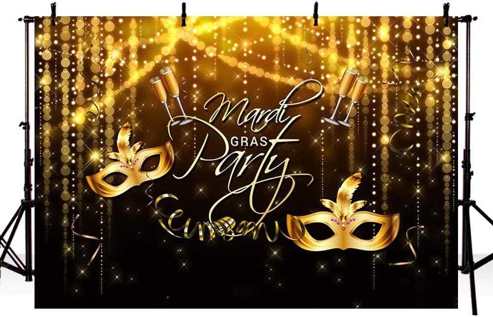 MEHOFOTO Mardi Gras Party Photo Studio Booth Background Props Glitter Gold and Black Mask Champagne Makeup Dance Party Decoration Backdrops Banner for Photography Poster 7x5ft