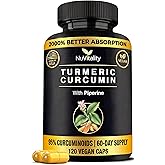 NuVitality Turmeric Curcumin Supplement with Black Pepper Extract (BioPerine) - 95% Curcuminoids for Joint & Inflammation Support - Enhanced Absorption Vegan Turmeric Supplement - 120 Capsules