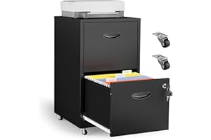 Kubohogar 2 Drawer Mobile File Cabinet with Lock, Black Metal Filing Cabinets with Wheels, Vertical Rolling File Cabinet Fit Hanging Files, Letter and A4 Documents