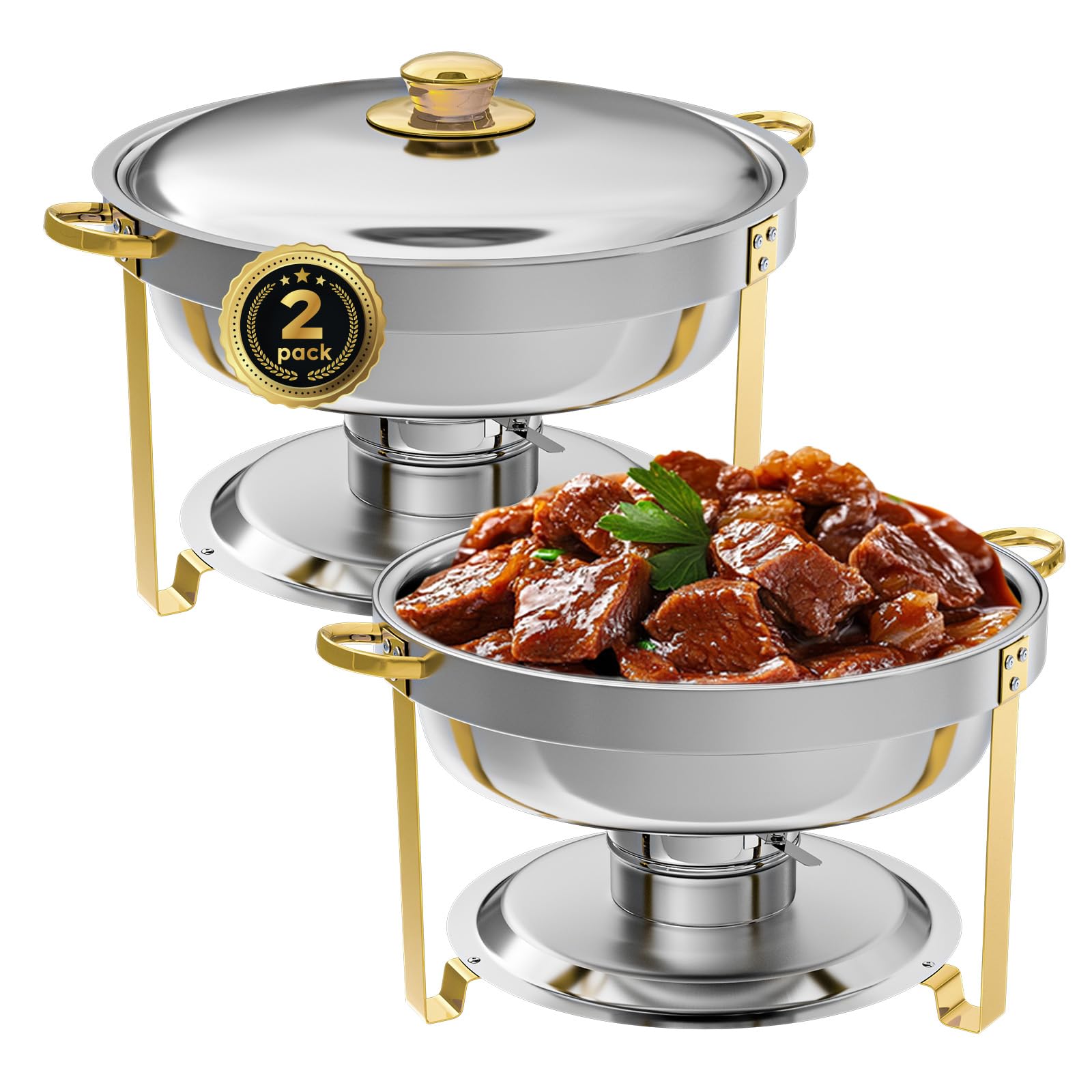 Photo 1 of IMACONE Chafing Dish Buffet Set of 2, 5QT Round Stainless Steel Chafer for Catering, Upgraded Chafers and Buffet Warmer Sets with Food & Water Pan, Gold Frame, Fuel Holder for Party Wedding Holiday