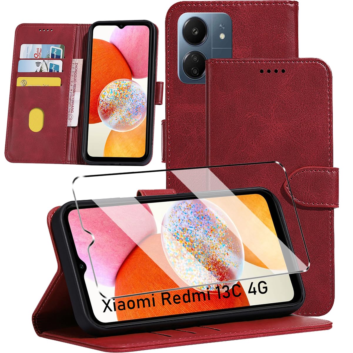 HuiYouMY 2-in-1 Case Compatible with Xiaomi Redmi 13C Leather Phone Case, Wallet Case Cover [Card Slots] [Kickstand] Magnetic Closure Full Protection Book Folio Design wallet flip phone case - Red