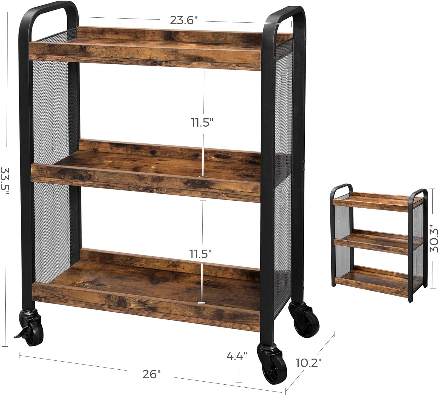 VASAGLE DAINTREE Serving Cart, Slim Kitchen Cart for Narrow Spaces, Rolling Storage Cart and Organizer Utility Cart with Casters Wheels, Easy Assembly, for Kitchen, Bathroom, Rustic Brown ULRC66BX - Kitchen Islands & Carts