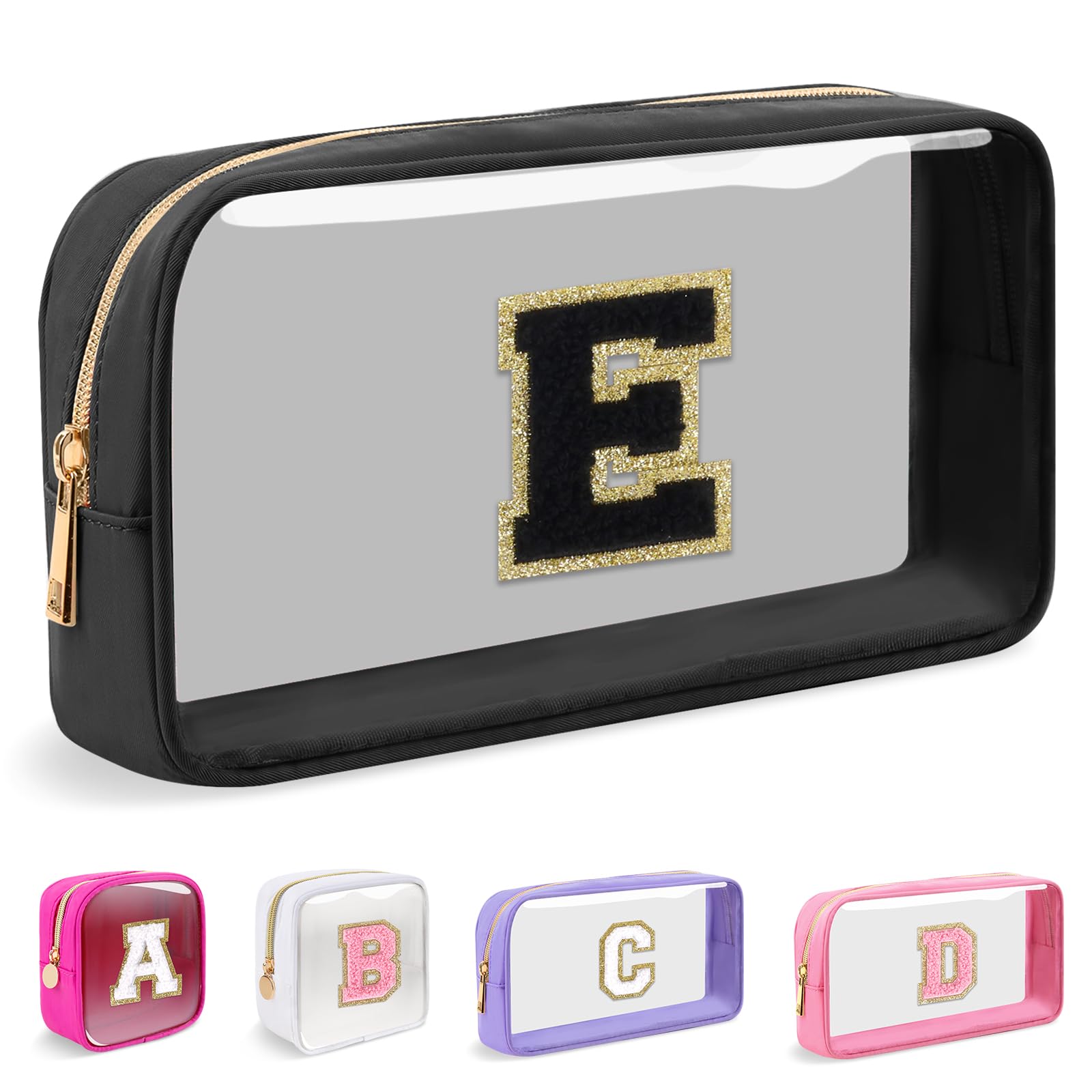 Photo 1 of Small Clear Personalized Initial Makeup Bag,Nylon Preppy A-Z Chenille Letter Patch Cosmetic Pouch Beach Toiletry Bag,Waterproof Zipper Travel Purse Storage Bag Organizer for Women Girls(Black-Black E)