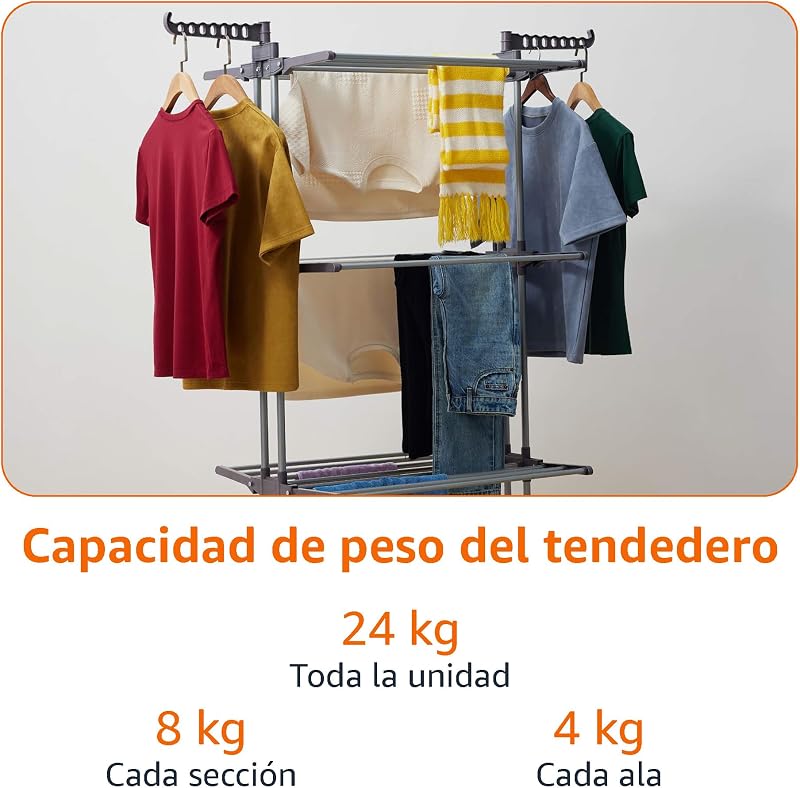 Tendedero tipo torre, para interior, con alas plegables, Plateado, 4-niveles, 126 x 64 x 173 cm (L x W x H) — foto 5 de 8
