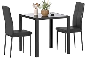 HOMCOM Dining Table Set for 2, 3-Piece Rectangular Glass Kitchen Table and Chairs with Metal Frame and Faux Leather Upholster