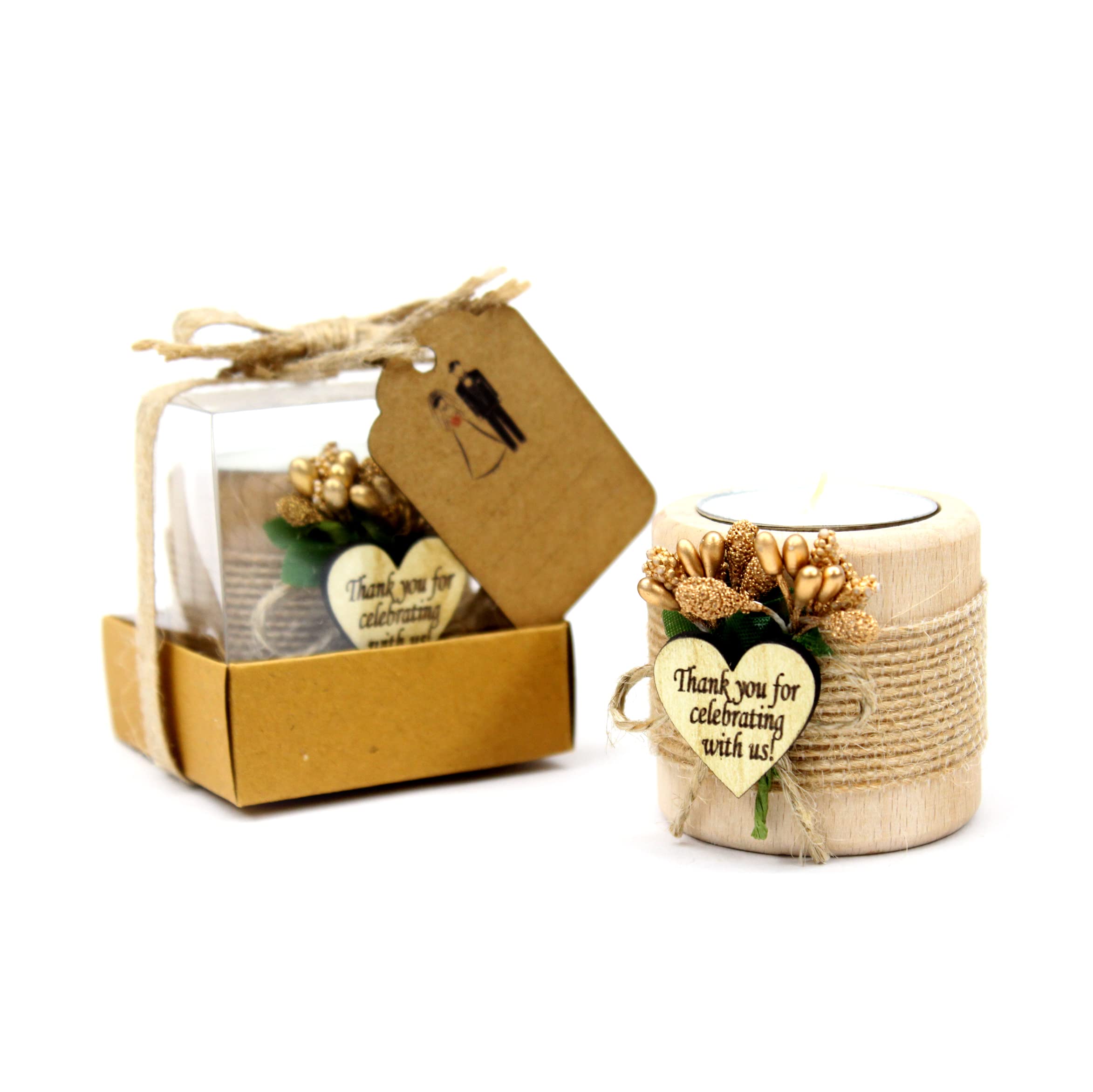 Photo 1 of 10 Pcs Shawly Sisters Handmade Wooden Wedding Favors Candle and Tealight Holders, Cylinder Shaped Wood Candleholders, Engagement Gifts, Bridal Shower Favors for Guests (Gold, Natural Wood)