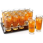 Ruckae 12 Pack 2oz Shot Glasses Set Clear Shot Glasses Bulk with Tray Heavy Base Cylinder Glass Shot Cups for Vodka Tequila Whiskey Liquor Cocktail