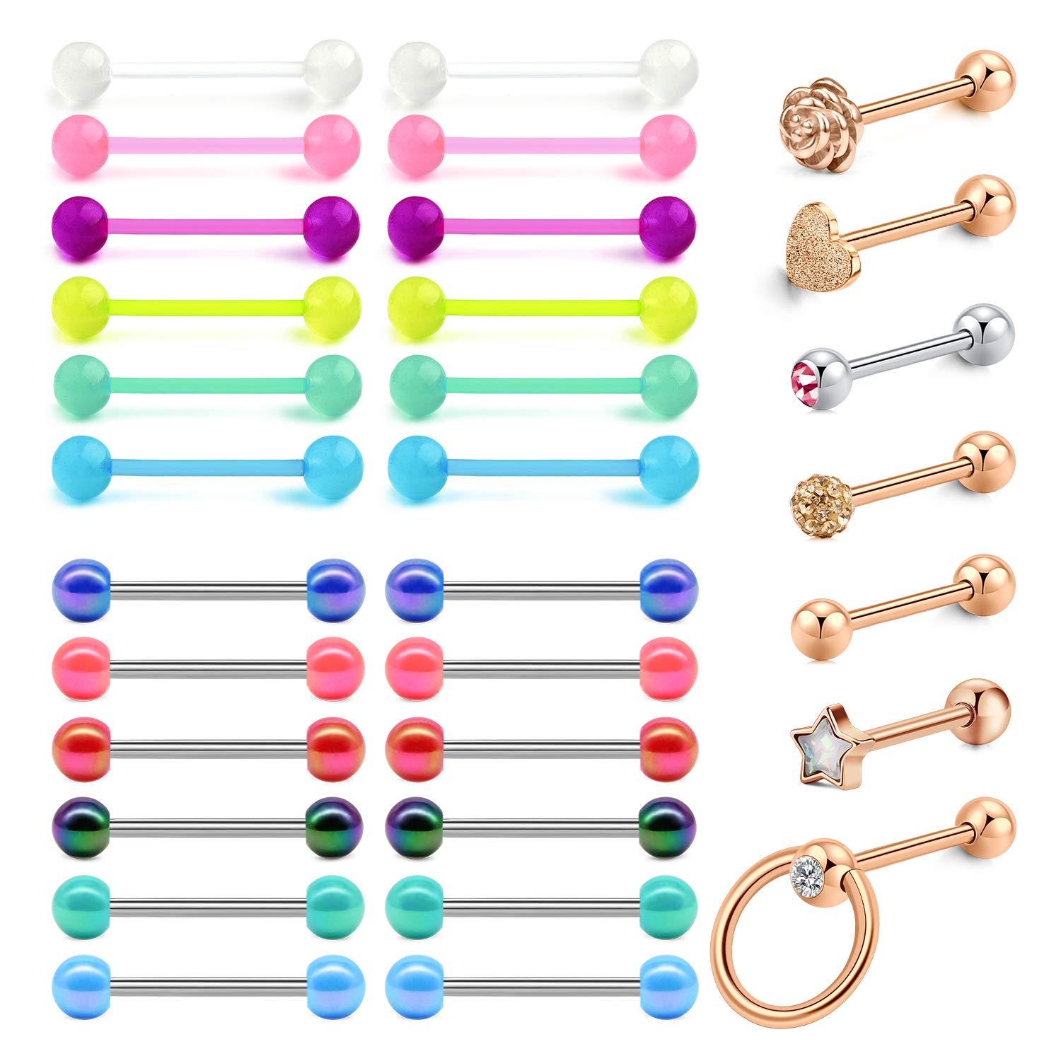 AceFun 31 PCS Tongue Ring Surgical Steel and Acrylic Tongue Nipplerings Piercing Women Barbells 14G