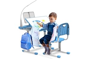 BELANITAS Kids Desk and Chair Set 10-12 Years Old Height Adjustable School Desk,Ergonomic Student Table for Kids with Tilt-able Desktop,Kids Study Desk for Go Back School Gift Blue