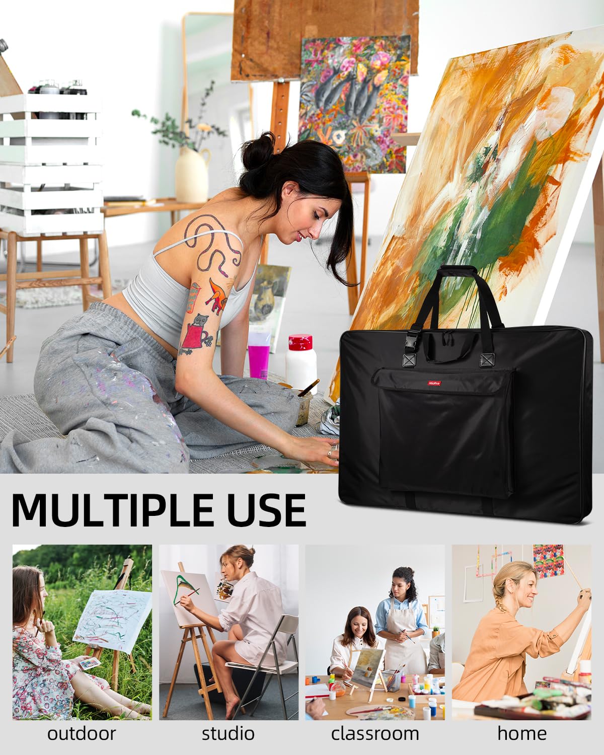 Nicpro Art Portfolio Bag 24 x 36 Inches Waterproof Nylon Artist Carrying Bag Soft Sided with Shoulder Strap, Storage Case for Artwork Sketch Drawing Canvas Photography Poster Solar Panel