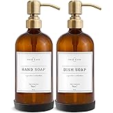 Vine Creations Amber Glass Soap Dispenser, 2 Pack Kitchen Soap Dispenser Set with Stainless Steel Pump, 16 oz Dish Soap and Hand Soap Dispensers for Bathroom with Waterproof Labels and Protective Pads