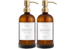 Vine Creations Amber Glass Soap Dispenser, 2 Pack Kitchen Soap Dispenser Set with Stainless Steel Pump, 16 oz Dish Soap and Hand Soap Dispensers for Bathroom with Waterproof Labels and Protective Pads