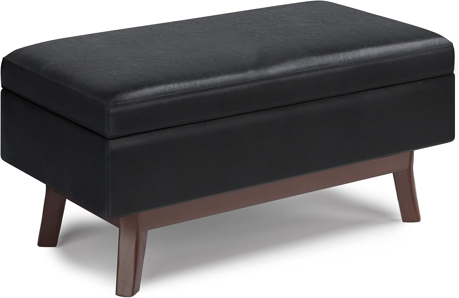 SIMPLIHOME Owen 36 inch Wide Mid Century Modern Rectangle Small Rectangular Storage Ottoman in Midnight Black Faux Leather, for the Living Room, Family Room and Entryway