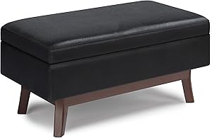 SIMPLIHOME Owen 36 inch Wide Mid Century Modern Rectangle Small Rectangular Storage Ottoman in Midnight Black Faux Leather, for the Living Room, Family Room and Entryway