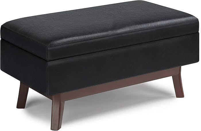 SIMPLIHOME Owen 36 inch Wide Mid Century Modern Rectangle Small Rectangular Storage Ottoman in Midnight Black Faux Leather, for the Living Room, Family Room and Entryway